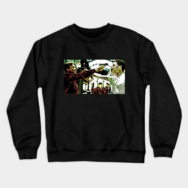 Denver and Auturo face each other and hold the pistols to their heads as comic graphic (vers. 2) Crewneck Sweatshirt by ComicPrint